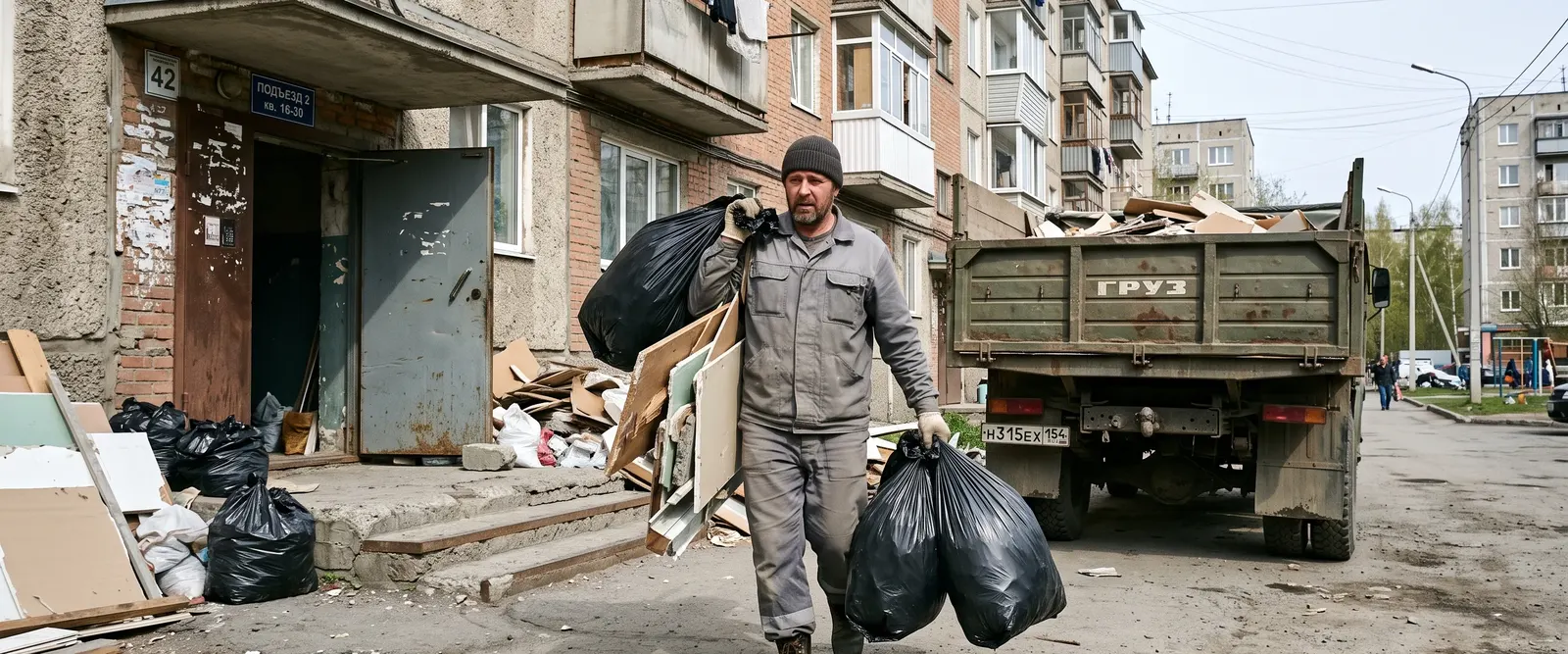 Вывоз мусора — мешки из подъезда