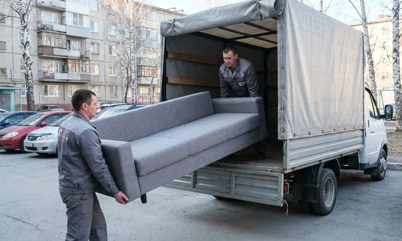 Грузчики загружают мебель в фургон